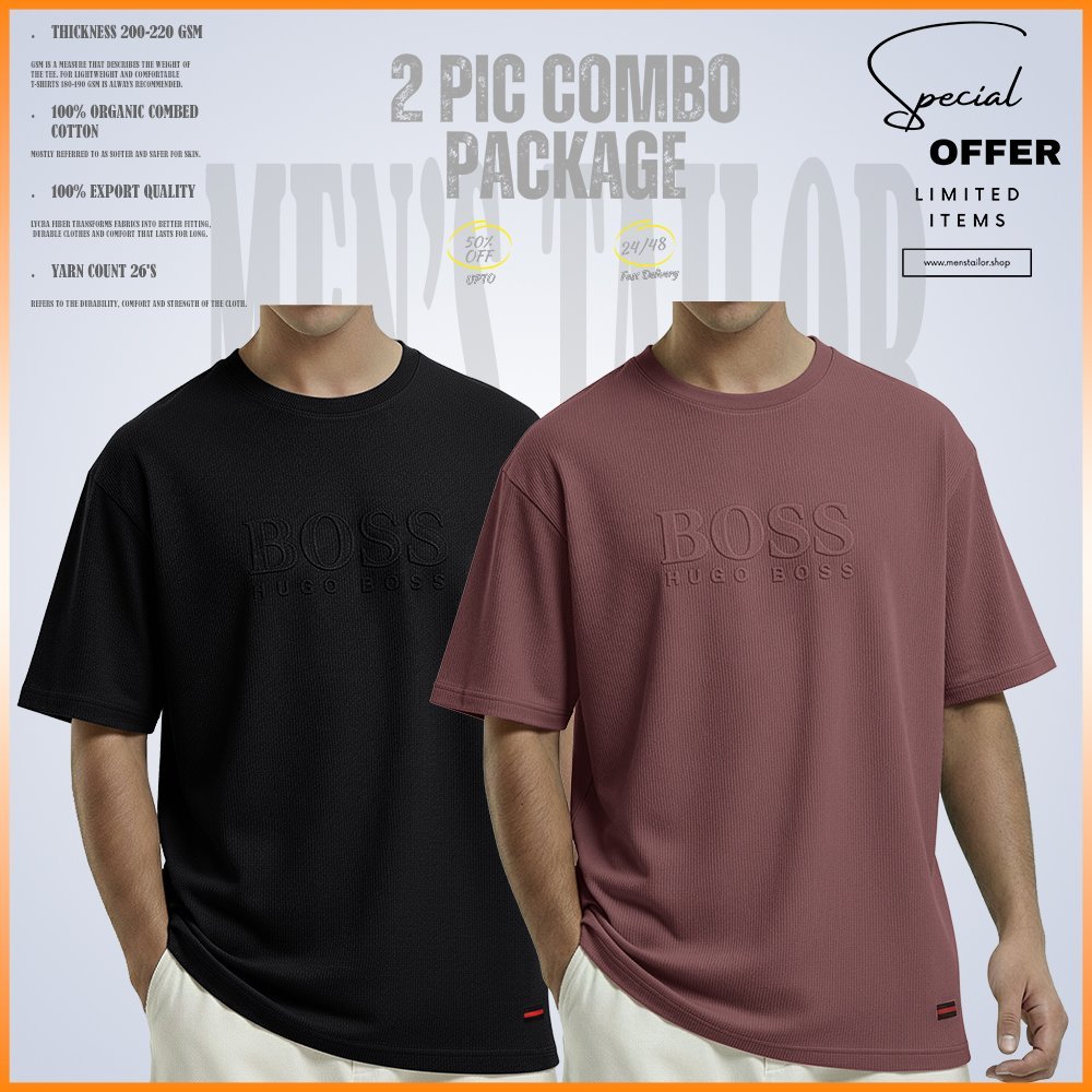 2 Pcs Premium Drop Shoulder 220+ GSM 2/2 Rib Fabric Black - Ash Rose